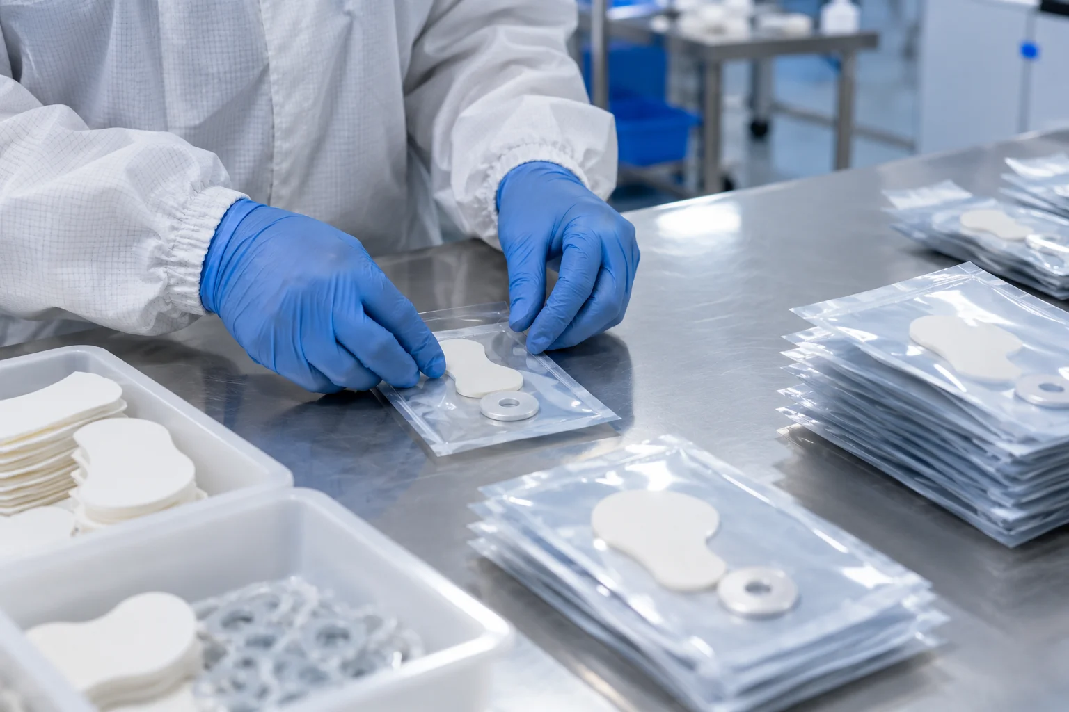 Cleanroom technician packaging die-cut medical parts into sealed pouches
