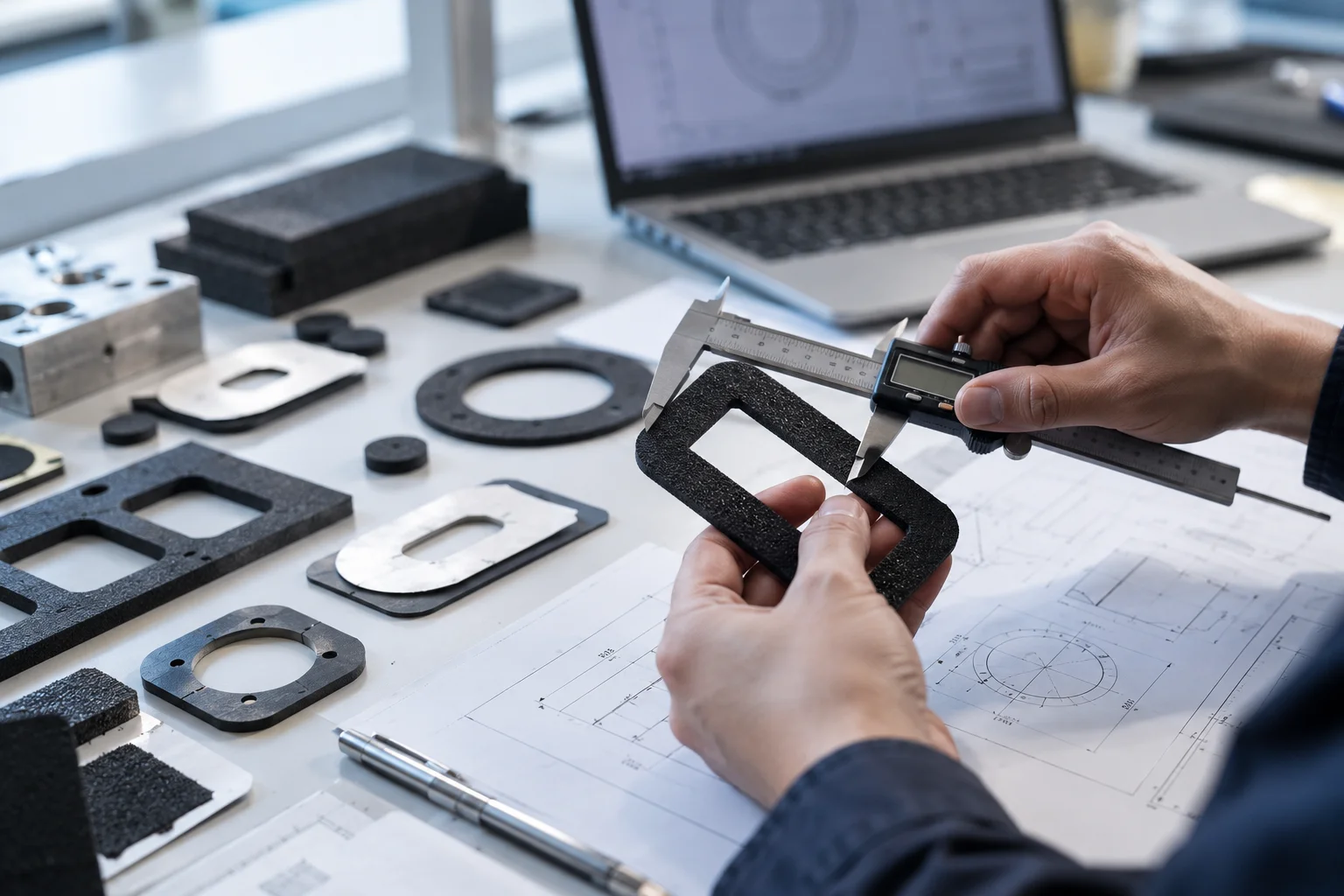 Engineer measuring a die-cut foam gasket with a caliper