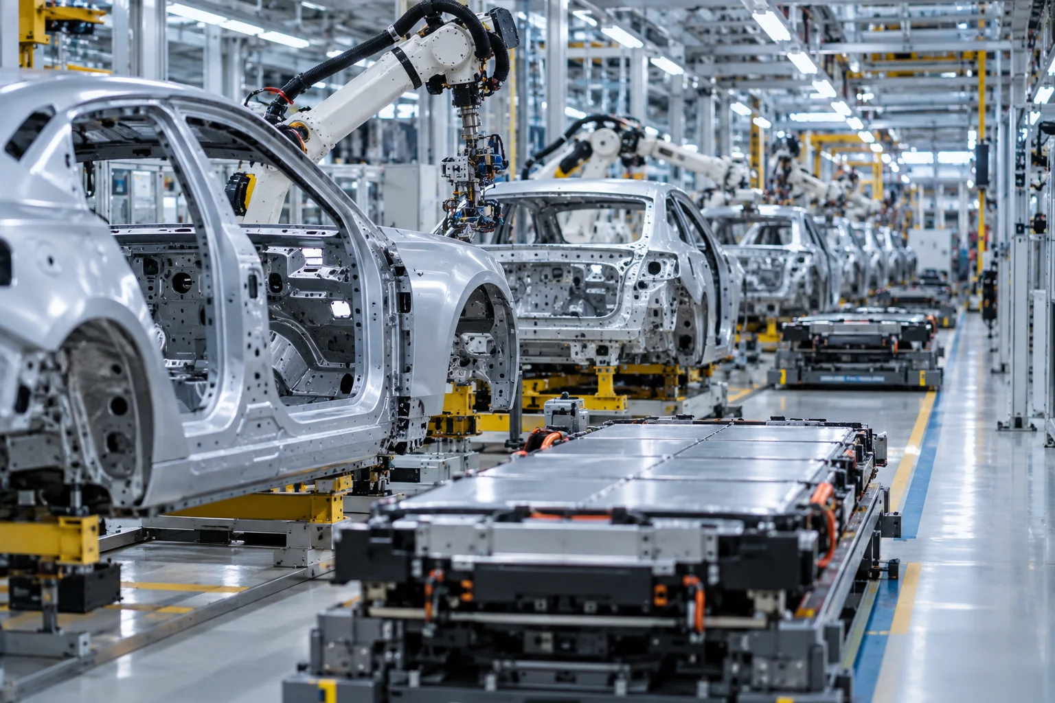 Electric vehicle assembly line with car bodies and battery packs