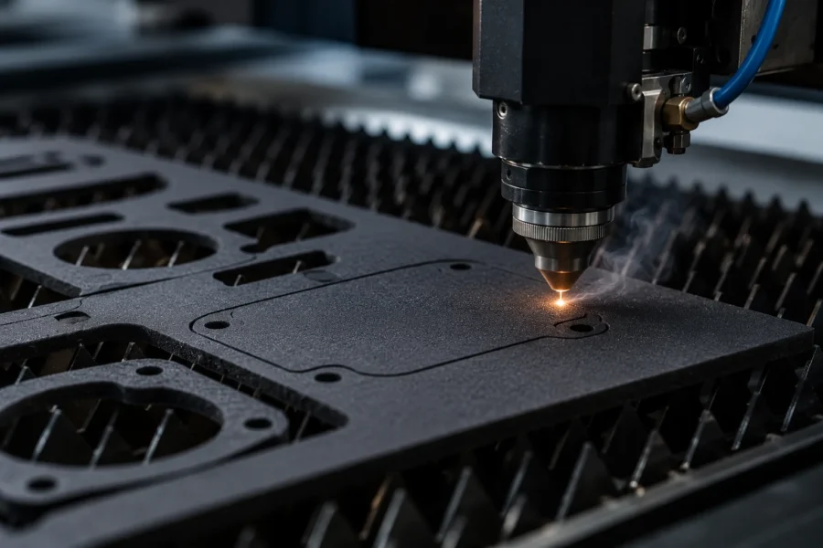 CNC laser cutting a sheet of black automotive foam