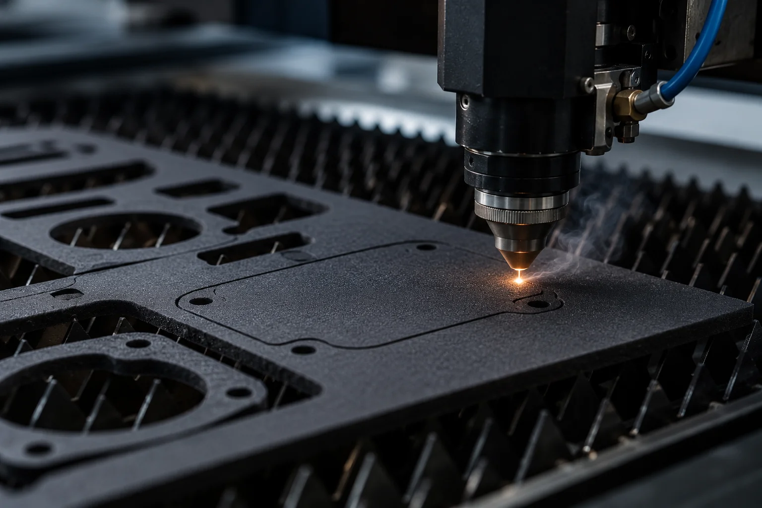 CNC laser cutting a sheet of black automotive foam