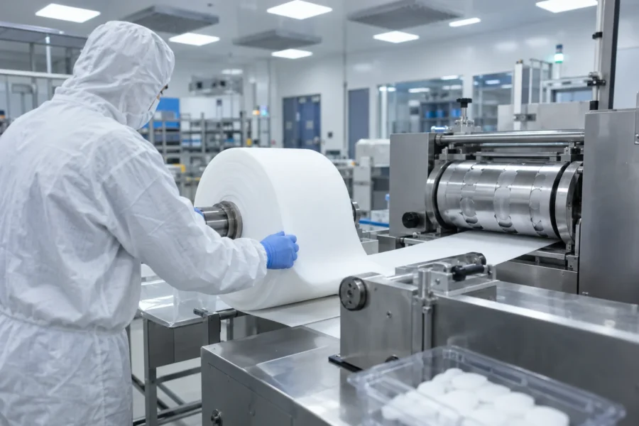 Cleanroom operator feeding medical-grade foam into a rotary die cutting machine