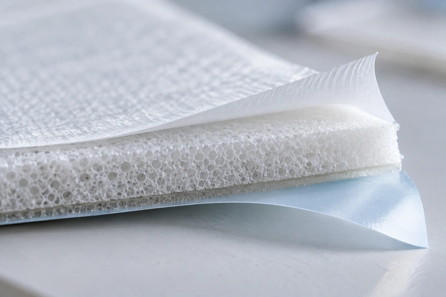 Multi-layer medical foam composite with film and adhesive liner