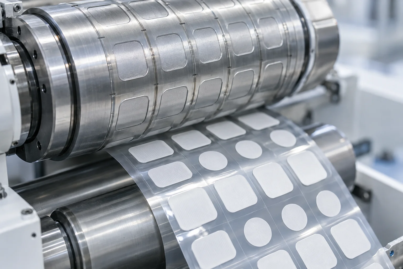Rotary die kiss-cutting medical adhesive pads onto a release liner